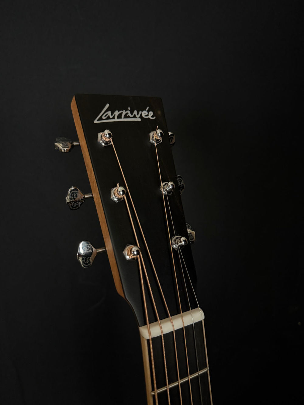 Larrivée 00-40R acoustic guitar headstock with Larrivee logo