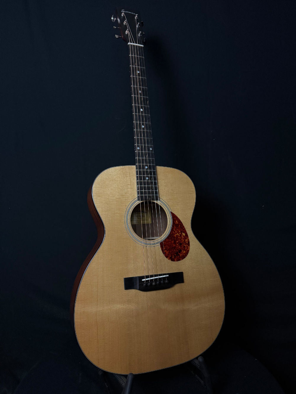 Eastman E1OM-DLX acoustic guitar on blue background