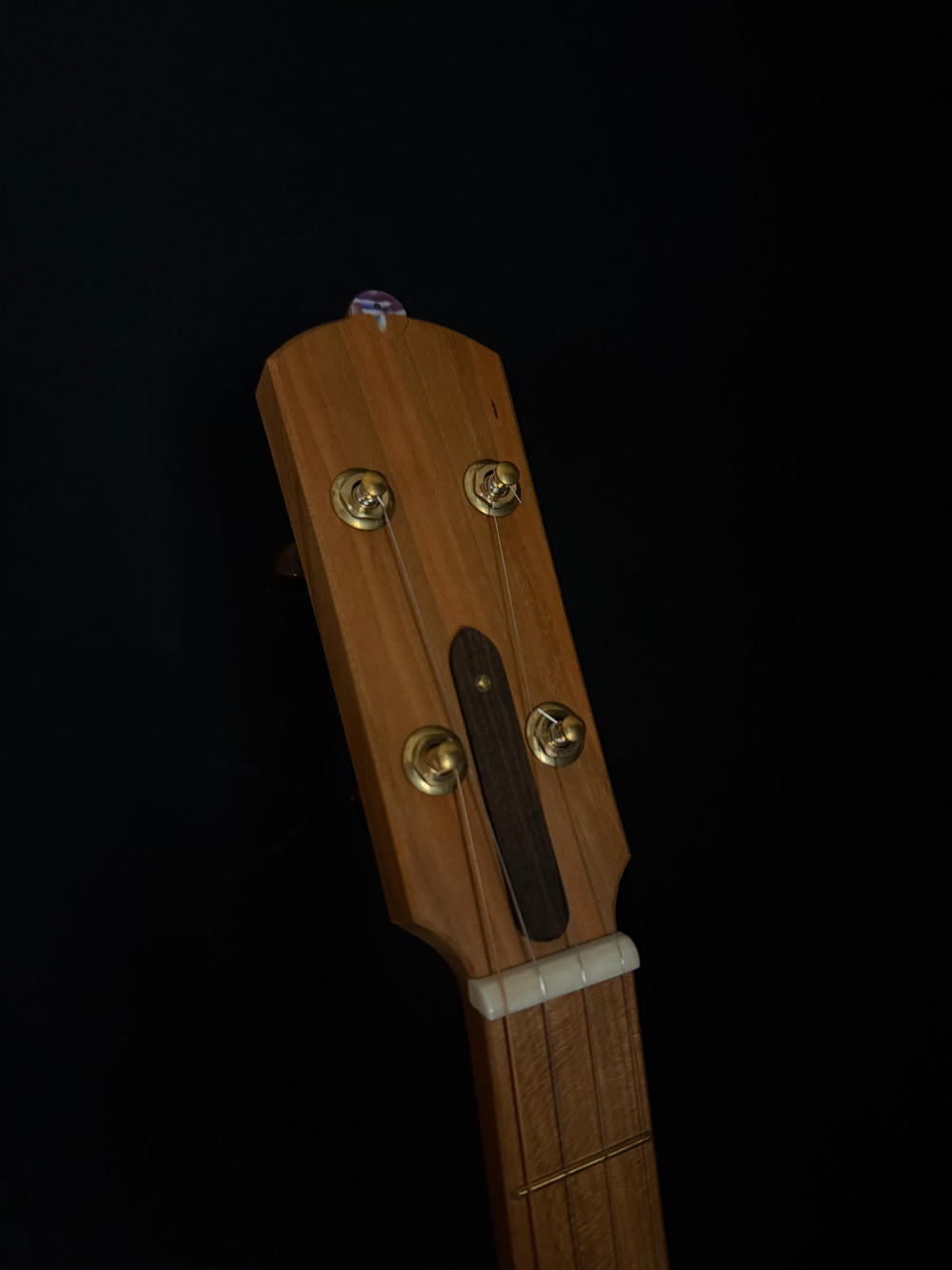 headstock of 12 inch noon day banjo serial #007. Is is simply designed with a small logo at the top and a alternate color of wood in the middle.